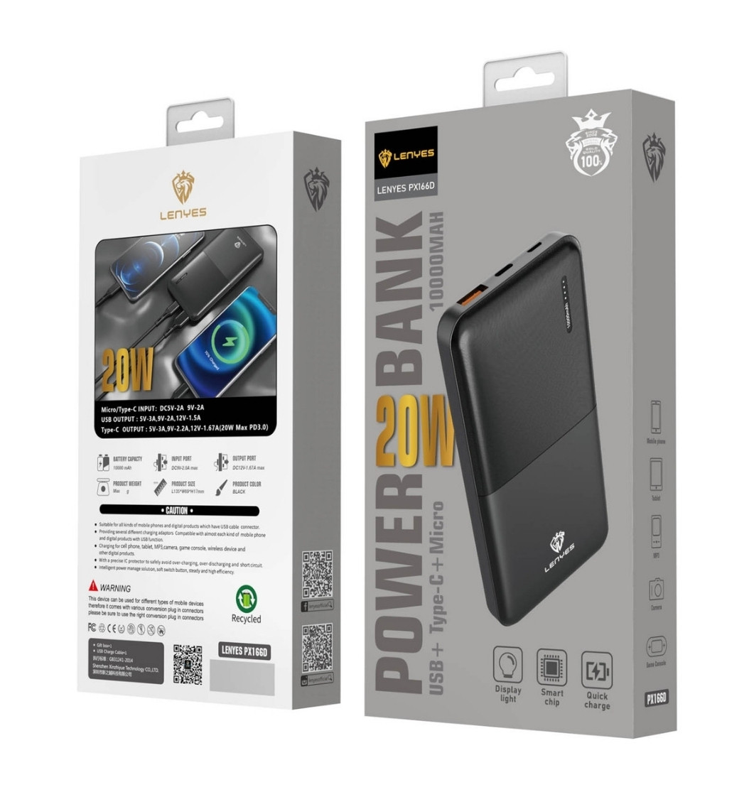 Power bank LENYES PX166D 10000 mAh 20 W (USB+Type-C+Micro) (реальна ємність)
