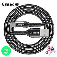 Зарядний кабель Zink чорний з підсвічуванням ESSAGER USB Type-C 3A 1метр