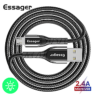 Зарядний кабельс Zinc чорний з підсвічуванням ESSAGER micro USB 2,4 A 1метр