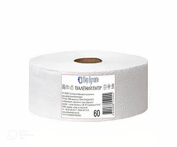 Папір туалетний Джамбо білий двошаровий 60 м, 12 шт/уп