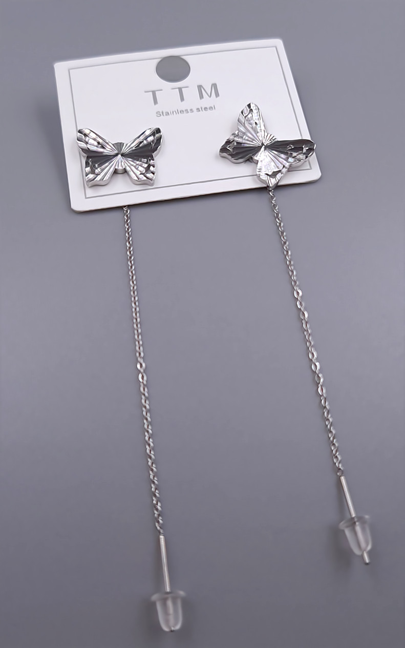 Сережки-протяжки Stainless Steel. Сталь. Родій. Довжина: 7.6 см