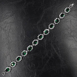 Браслет жіночий великий м'який сріблястий 925 зі смарагдами та кристалами Swarovski довжина 18 см ширина 10 мм