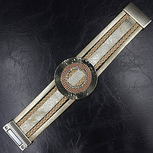 Жіночий широкий браслет екорежа застібка-магніт золотистий плетений зі стразами ширина 3 см довжина 20 см