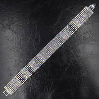 Браслет жіночий широкий м'який сріблястий із кристалами довжина 20 см ширина 18 мм 8 рядів бензиновий відтінок