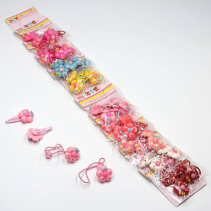 Набор заколок и резинок детских хлопушки тик так упаковка 40 штук в ленте цветочки разных цветов и размеров, фото 2