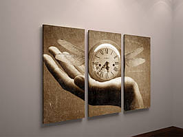 Модульна картина рука з годинником на ніжному золотом тлі безшумний механізм з 3 частин 90x60sм