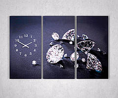 Картина модульна з годинником Бриліанти на темному тлі алмазів безшумний механізм 90x60 3 модуля