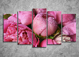 Модульна картина рожеві квіти піони на полотні Прин для спальні вітальні 125x70 з 5-ї шматків