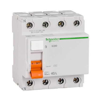 Вимикач диференційного струму(ПЗВ) Schneider Electric Домовий AC ВД63 4р 40А 30мА (C1) 11463, фото 1