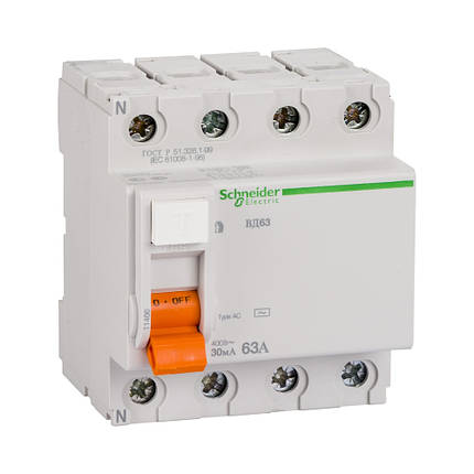 Вимикач диференційного струму(ПЗВ) Schneider Electric Домовий AC ВД63 4р 63А 30мА (C1) 11466, фото 1