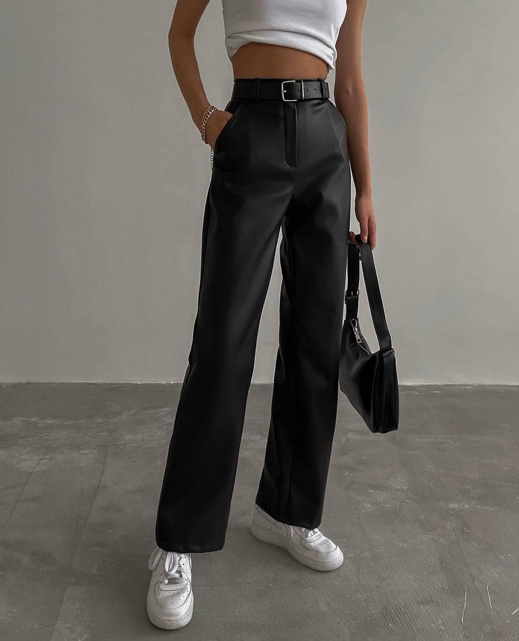 Жіночі штани кльош з екошкіри на флісі теплі Розмірі: 42-44, 44-46, 46-48, 48-50, 52-54, фото 1