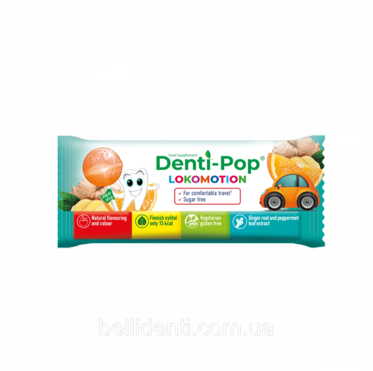 Льодяник Denti Pop Lokomotion від захитування без цукру (апельсин та імбир) 1 шт