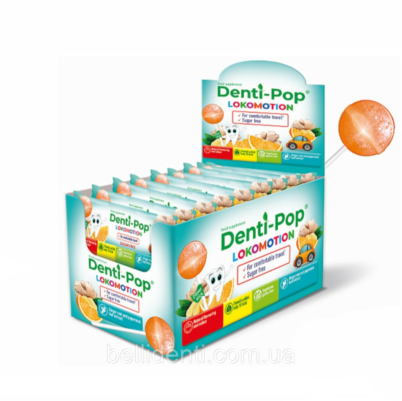 Льодяник Denti Pop Lokomotion від захитування  без цукру (апельсин та імбир) 40 шт
