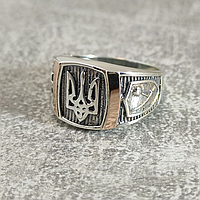 Мужской серебряный перстень с золотыми платинами с гербом Украины "Трезубец" - мужское серебряное кольцо