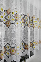 Тюль на кухню, веранду, балкон, белая жакардовая с теракотовыми цветами, высота 1.25м.