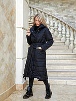 Довге зимове пальто з капюшоном та поясом на блискавці і кнопках чорне чорного кольору артикул 032
