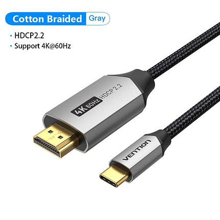 Кабель Type-C-HDMI 2.0 4K 60Hz HDCP 2.2 Thunderbolt 3 Vention Cotton Braided 1m Grey (CRBBF), фото 3