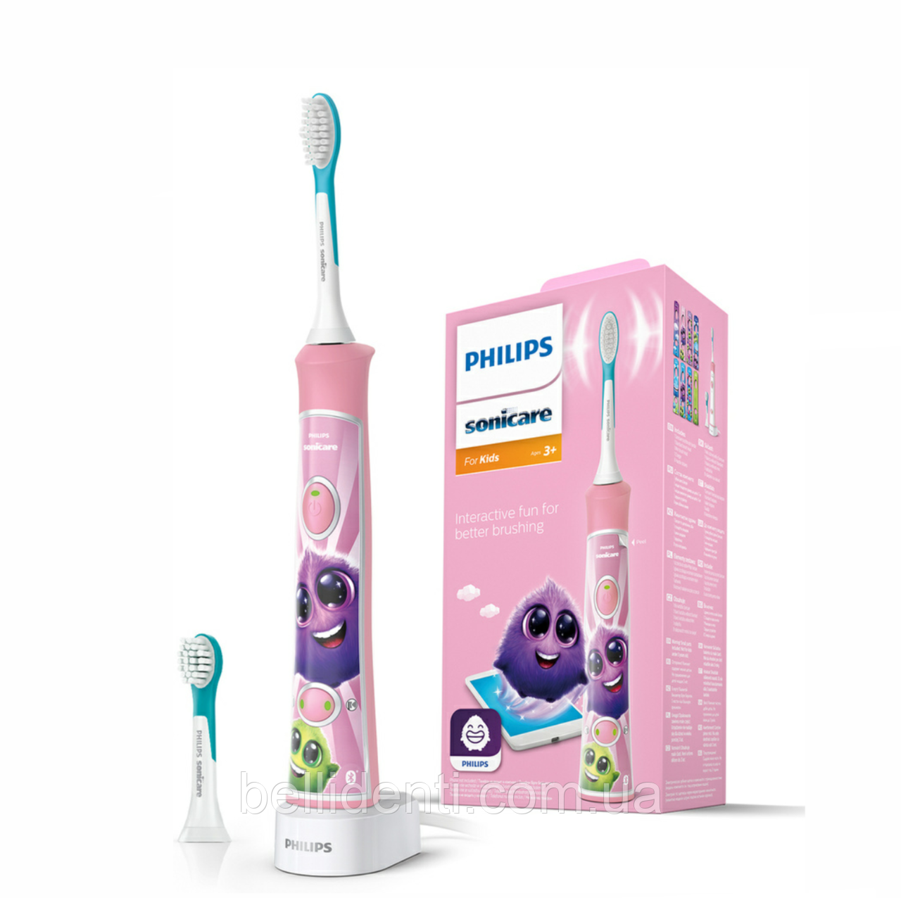 Звукова електрична зубна щітка Philips Sonicare For Kids Connected Pink з Bluetooth HX6352/42 (від 3 років) рожева 2 насадки