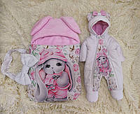 Теплый комбинезон + спальник для новорожденных девочек, принт Зайчик, розовый