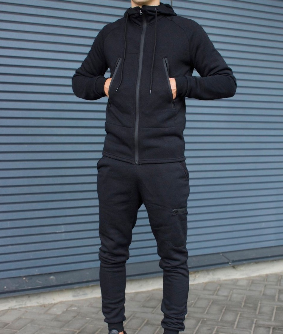Спортивний костюм чоловічий теплий весна-осінь-зима демісезонний з капюшоном на мікрофлісі чорний Туреччина. Живе фото, фото 1