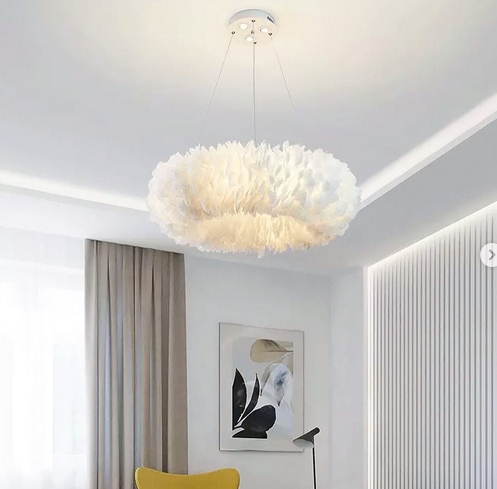 Функціональний світильник з абажуром з натурального пір’я з світлодіодними елементами та лампочками цоколь Е27, фото 1