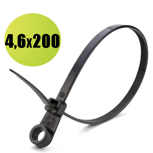 Стяжка кабельна, універсальна з кільцем під дюбель,  4,6*200, нейлон, чорна (100шт/уп), фото 1