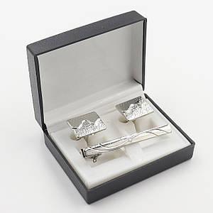 Набір запонки та затискач No 24 сріблястий із насічками сталь Stainless Steel розмір 60 мм футляр чорного кольору