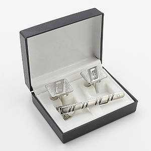 Набір запонки та затискач No 22 сріблястий із візерунками сталь Stainless Steel розмір 60 мм футляр чорного кольору