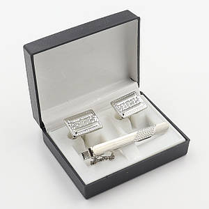 Набір запонки та затискач No 20 сріблястий із насічками сталь Stainless Steel розмір 60 мм футляр чорного кольору