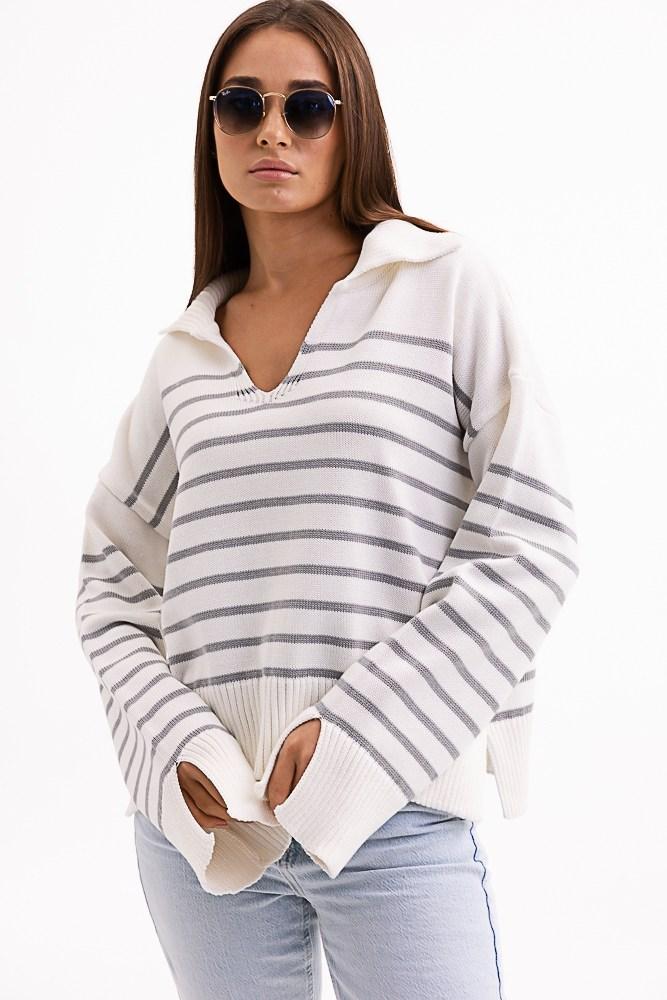 Кофта жіноча в'язана оверсайз молочна в сіру смужку Modna KAZKA MKAR102021-1, фото 1