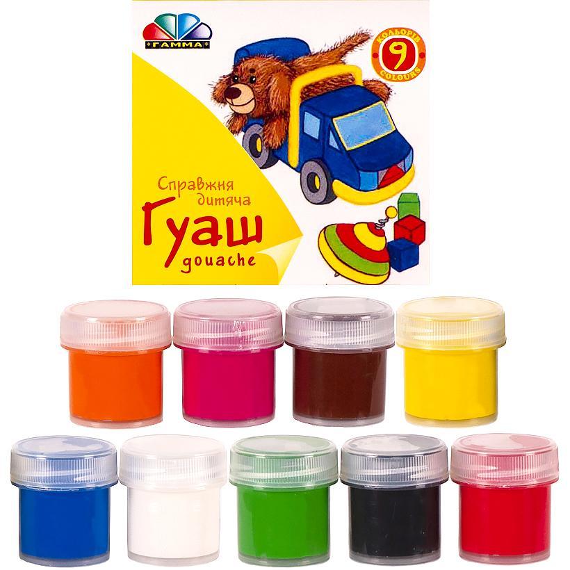Набір гуашевих фарб з 9 кольорів по 10 мл у картонній упаковці Малята в упаковці