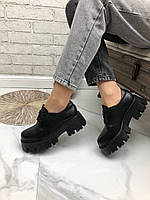 Броги женские на тракторной подошве, черные броги туфли на высокой тракторной подошве Черный, 37