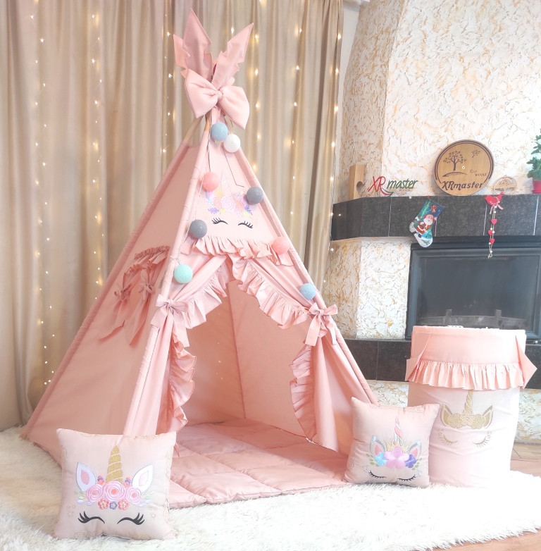 Вігвам Кольорові Единорожки на пудровому кольорі + кошик для іграшок Золотий Єдиноріг Повний комплект!