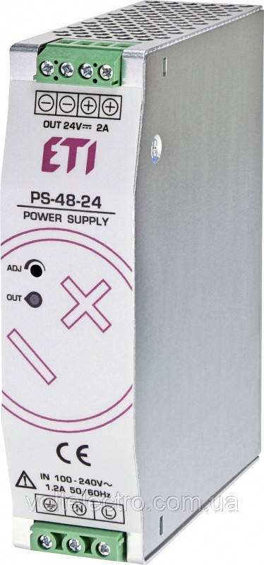 Блок живлення PS-48-24 (вхід 100-240V AC/140-340V DC; вихід 24-28V DC/45W/2A), ETI, фото 1