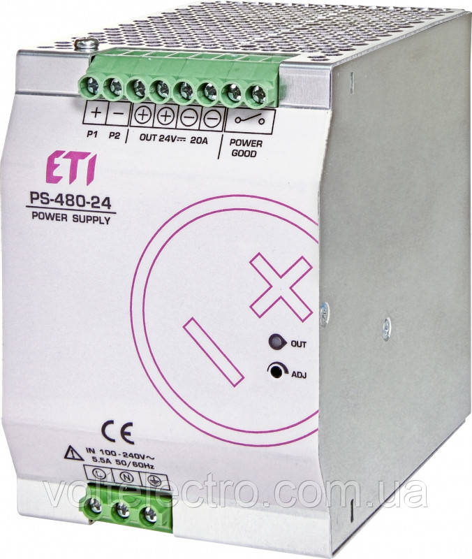 Блок живлення ETI PS-480-24 (Вхід: 100-240V AC / 140-340V DC Вихід: 24-28V DC / 480W / 20A), фото 1