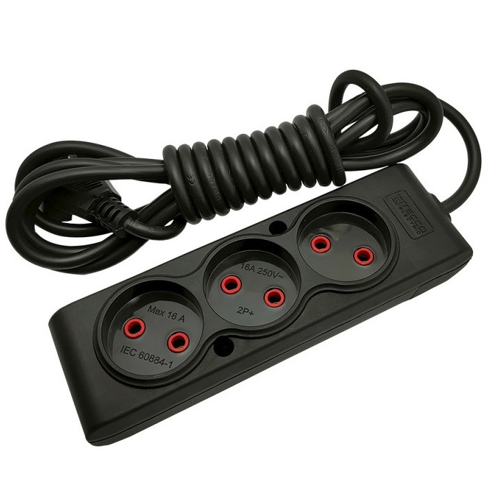 Подовжувач мережевого переноска 3 метра ТЕССО на 3 розетки без вимикача без заземлення | 10A, 3m | Чорний, фото 1