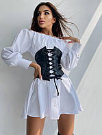 Сукня-сорочка міні жіноча приталена на плічках з корсетом з екошкіри Smb5355