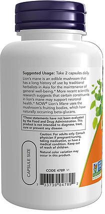 NOW Foods Lion's Mane (їжовик гребінчастий) 500 mg 60 Caps, фото 4