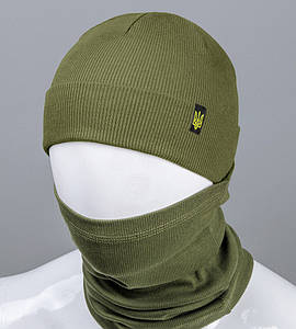 Комплект Шапка +баф Трикотаж Рубчик без підкладки Тризуб (18005), Хакі