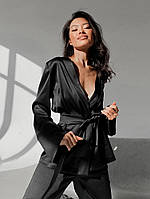 Пижама женская атласная. Комплект шелковый для дома, сна с длинным рукавом, размер M (черный)