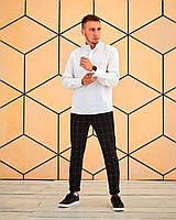 Комплект мужской Рубашка льняная + Брюки в клетку Boss V5 черно-белый Костюм классический ЛЮКС качества