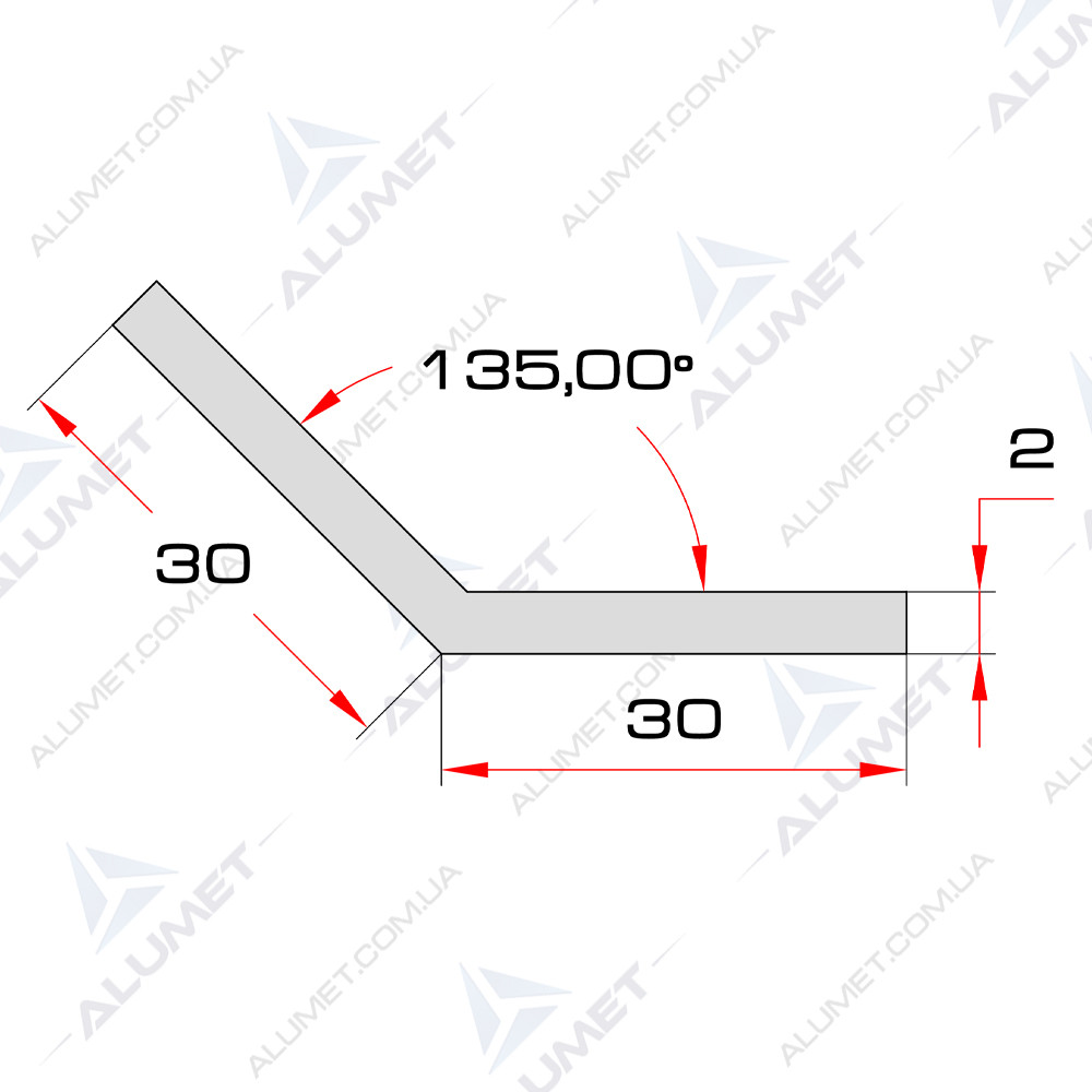 Кутник алюмінієвий 30х30х2 мм без покриття 135 градусів