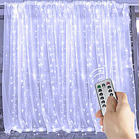 Светодиодная гирлянда LTL штора curtain капля росы 3*3 метра 300 led c пультом белая White