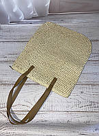 Женская плетенная сумка из рафии летняя вместительная соломенная светло - бежевая с коричневыми