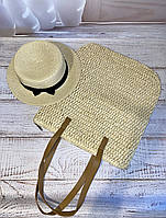 Комплект сумка - шоппер женская из рафии плетенная соломенная и шляпа канотье кремовая с черной лентой