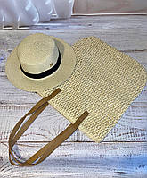 Комплект сумка - шоппер женская из рафии плетенная соломенная и шляпа канотье соломенная кремовая с черной