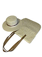 Комплект сумка - шоппер женская из рафии плетенная и шляпа канотье соломенная кремовая (54-58)