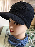 Жіноча шапка в'язана з козирьком, бавовна, ТМ Fonem, Туреччина, розмір 56-57, джинсовий колір, фото 4