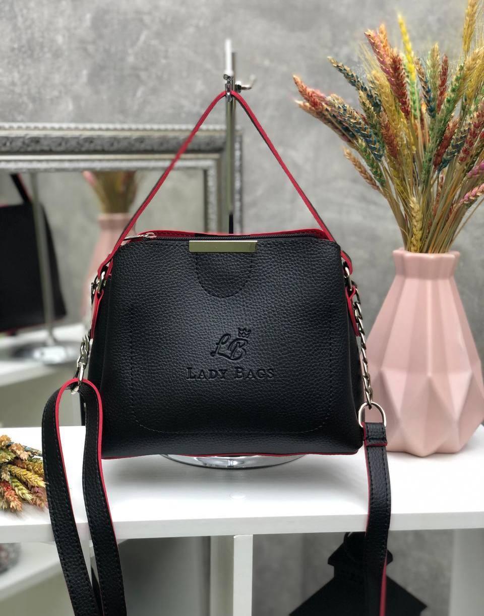Сумка крос-боді невелика сумочка через плече стильна чорна з червоним шкірзам