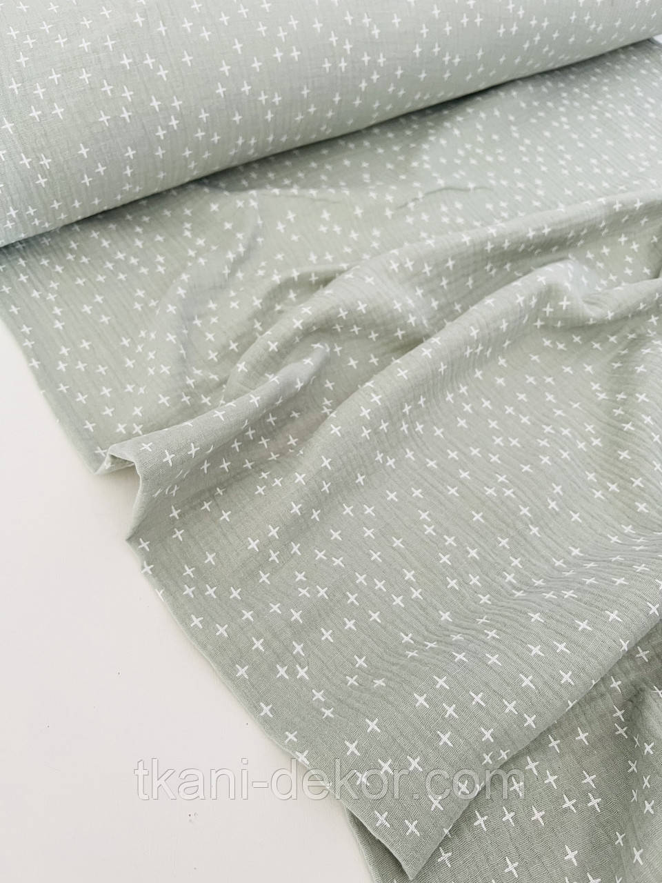 Муслін (бавовняна тканина) плюсики на оливці (0,70*135), фото 1